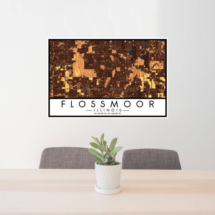 24x36 Flossmoor Illinois Map Print Lanscape Orientation in Ember Style Behind 2 Chairs Table and Potted Plant