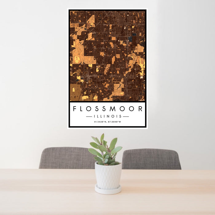 24x36 Flossmoor Illinois Map Print Portrait Orientation in Ember Style Behind 2 Chairs Table and Potted Plant