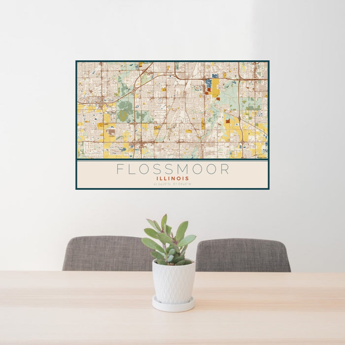 24x36 Flossmoor Illinois Map Print Lanscape Orientation in Woodblock Style Behind 2 Chairs Table and Potted Plant