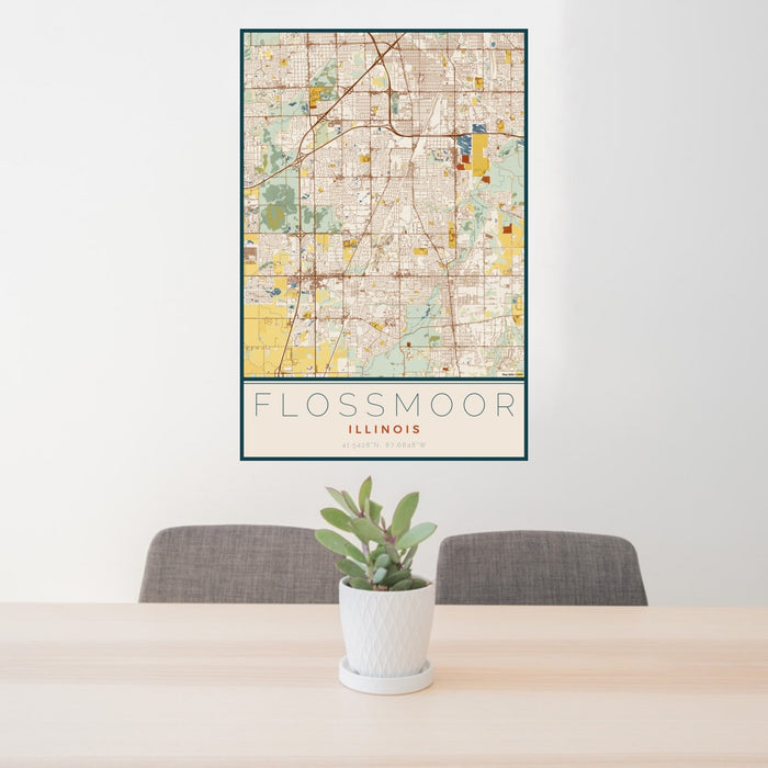 24x36 Flossmoor Illinois Map Print Portrait Orientation in Woodblock Style Behind 2 Chairs Table and Potted Plant