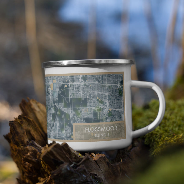 Right View Custom Flossmoor Illinois Map Enamel Mug in Afternoon on Grass With Trees in Background