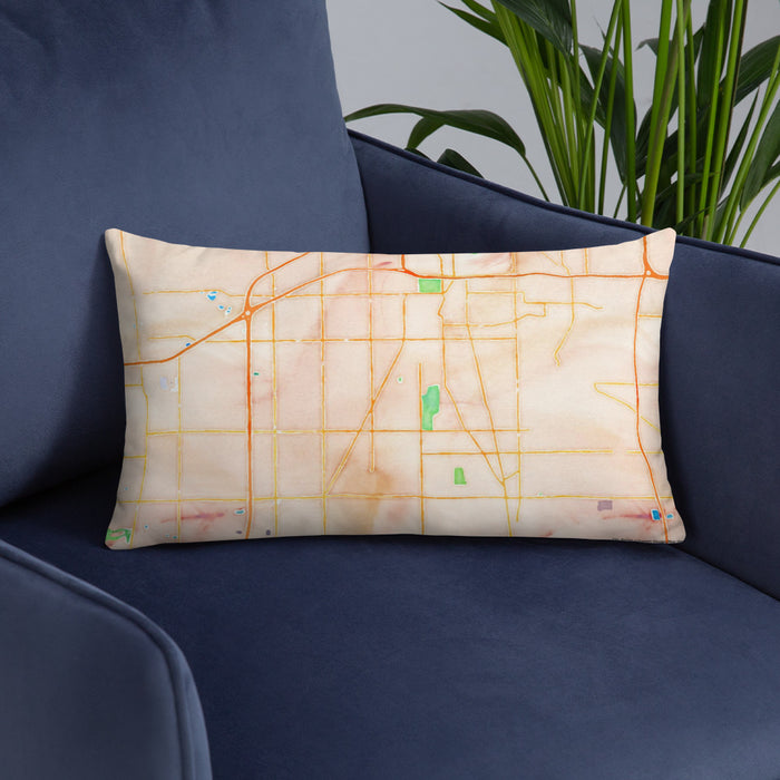 Custom Flossmoor Illinois Map Throw Pillow in Watercolor on Blue Colored Chair