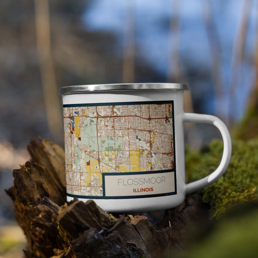 Right View Custom Flossmoor Illinois Map Enamel Mug in Woodblock on Grass With Trees in Background
