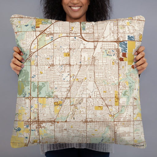 Person holding 22x22 Custom Flossmoor Illinois Map Throw Pillow in Woodblock