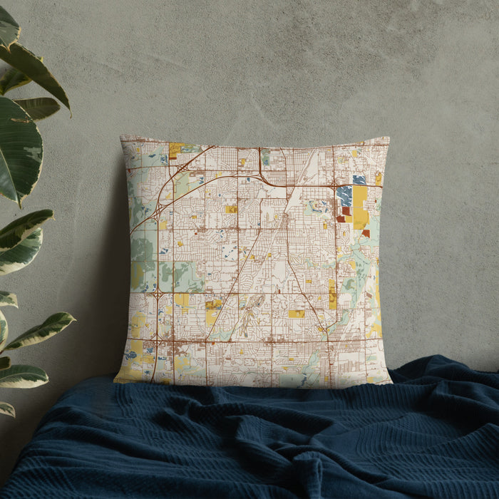 Custom Flossmoor Illinois Map Throw Pillow in Woodblock on Bedding Against Wall