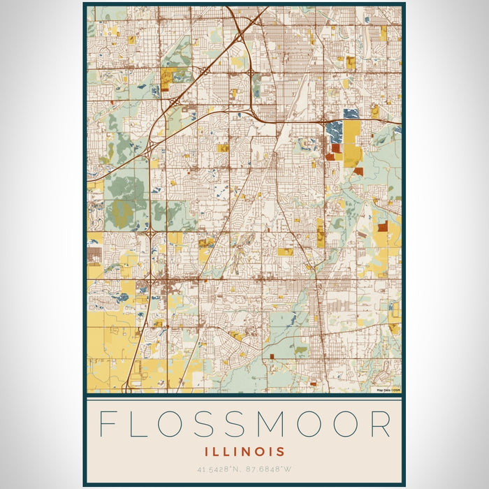 Flossmoor Illinois Map Print Portrait Orientation in Woodblock Style With Shaded Background