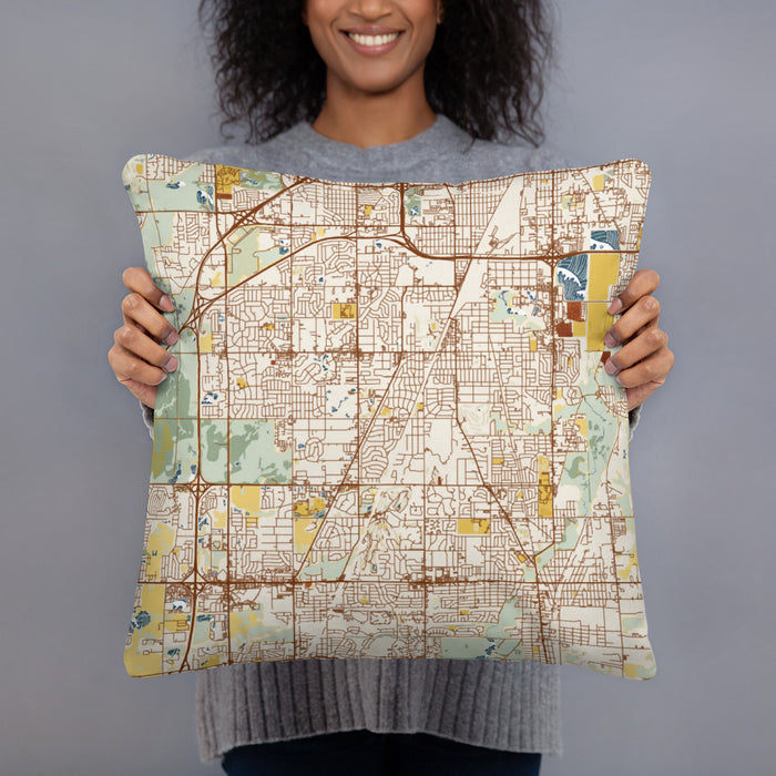 Person holding 18x18 Custom Flossmoor Illinois Map Throw Pillow in Woodblock