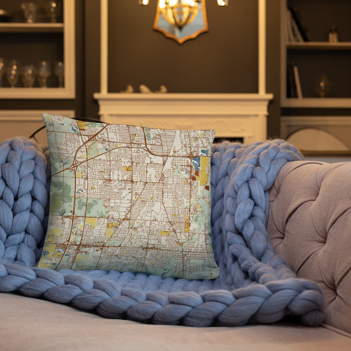 Custom Flossmoor Illinois Map Throw Pillow in Woodblock on Cream Colored Couch