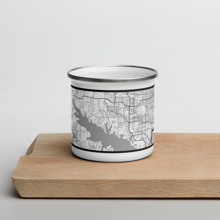 Front View Custom Flower Mound Texas Map Enamel Mug in Classic on Cutting Board