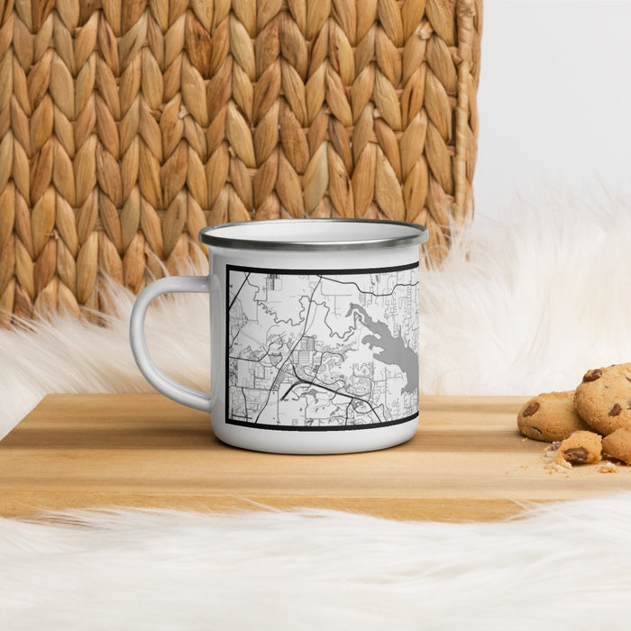 Left View Custom Flower Mound Texas Map Enamel Mug in Classic on Table Top