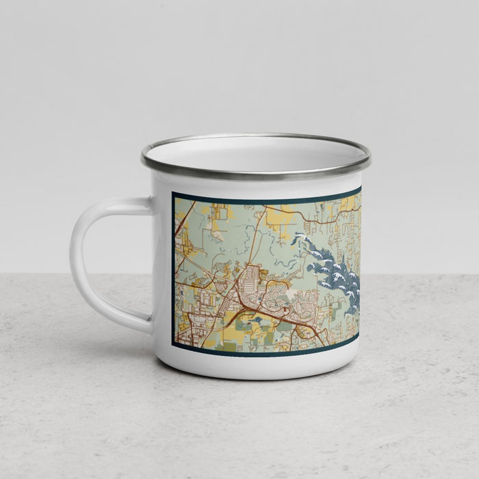 Left View Custom Flower Mound Texas Map Enamel Mug in Woodblock