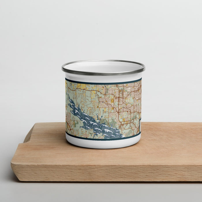 Front View Custom Flower Mound Texas Map Enamel Mug in Woodblock on Cutting Board