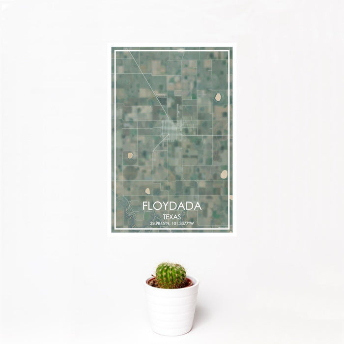 12x18 Floydada Texas Map Print Portrait Orientation in Afternoon Style With Small Cactus Plant in White Planter