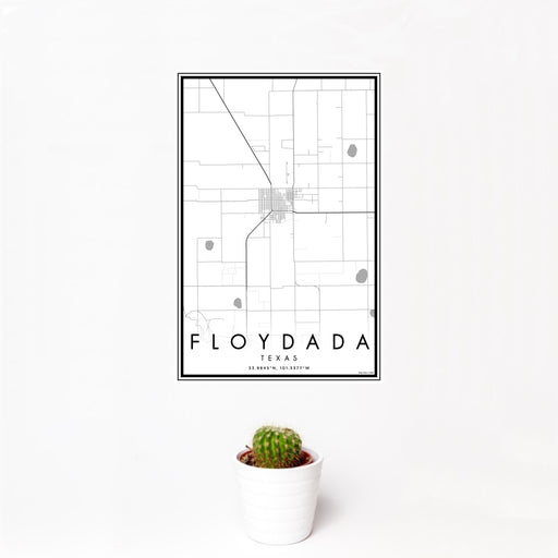 12x18 Floydada Texas Map Print Portrait Orientation in Classic Style With Small Cactus Plant in White Planter