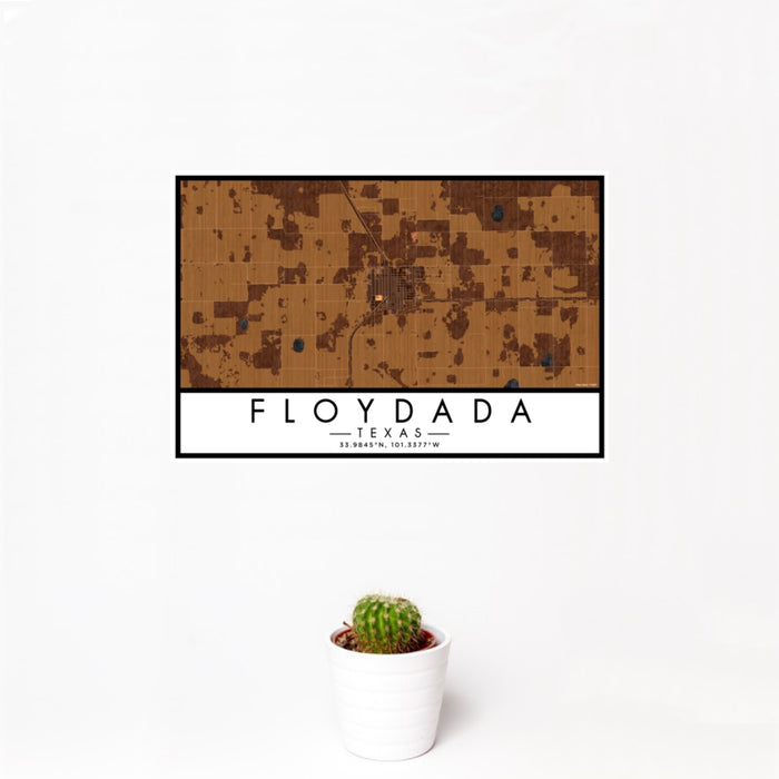12x18 Floydada Texas Map Print Landscape Orientation in Ember Style With Small Cactus Plant in White Planter