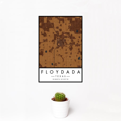 12x18 Floydada Texas Map Print Portrait Orientation in Ember Style With Small Cactus Plant in White Planter