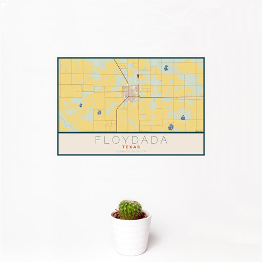 12x18 Floydada Texas Map Print Landscape Orientation in Woodblock Style With Small Cactus Plant in White Planter