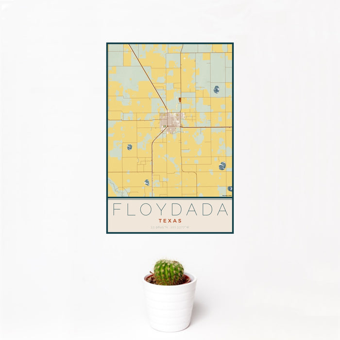 12x18 Floydada Texas Map Print Portrait Orientation in Woodblock Style With Small Cactus Plant in White Planter