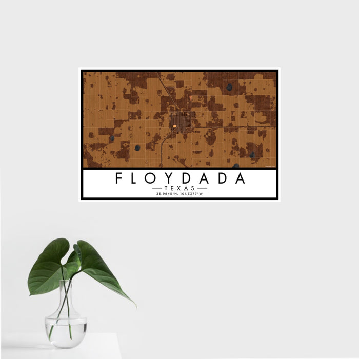16x24 Floydada Texas Map Print Landscape Orientation in Ember Style With Tropical Plant Leaves in Water
