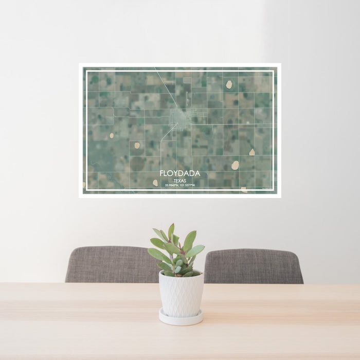 24x36 Floydada Texas Map Print Lanscape Orientation in Afternoon Style Behind 2 Chairs Table and Potted Plant