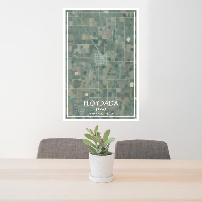 24x36 Floydada Texas Map Print Portrait Orientation in Afternoon Style Behind 2 Chairs Table and Potted Plant