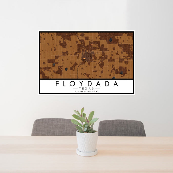 24x36 Floydada Texas Map Print Lanscape Orientation in Ember Style Behind 2 Chairs Table and Potted Plant