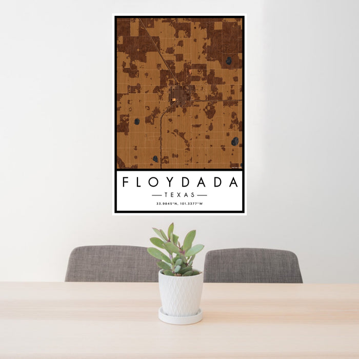 24x36 Floydada Texas Map Print Portrait Orientation in Ember Style Behind 2 Chairs Table and Potted Plant