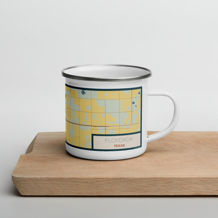 Right View Custom Floydada Texas Map Enamel Mug in Woodblock