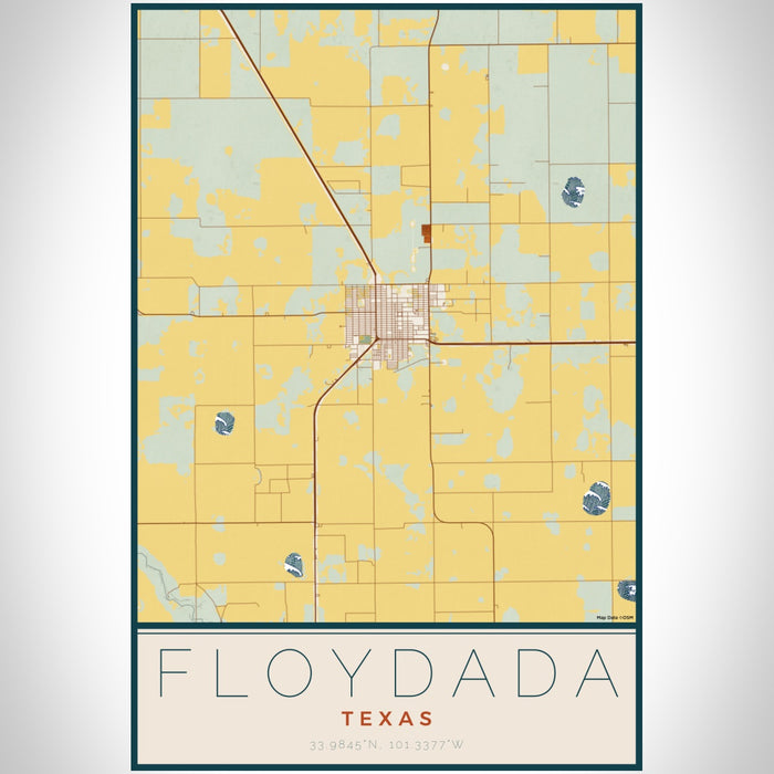 Floydada Texas Map Print Portrait Orientation in Woodblock Style With Shaded Background