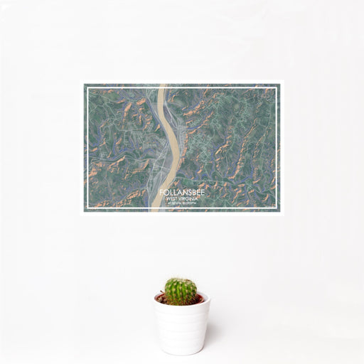 12x18 Follansbee West Virginia Map Print Landscape Orientation in Afternoon Style With Small Cactus Plant in White Planter