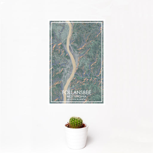 12x18 Follansbee West Virginia Map Print Portrait Orientation in Afternoon Style With Small Cactus Plant in White Planter