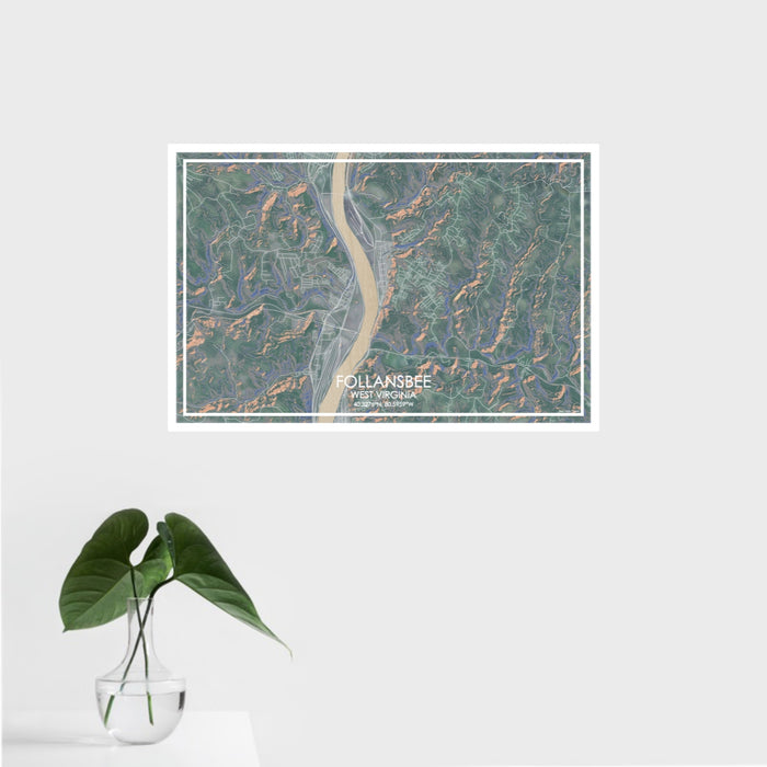 16x24 Follansbee West Virginia Map Print Landscape Orientation in Afternoon Style With Tropical Plant Leaves in Water