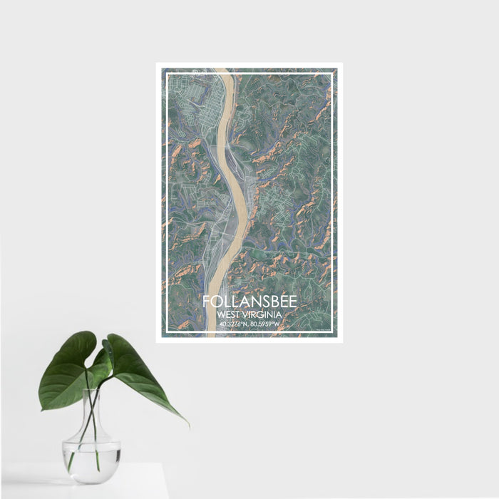 16x24 Follansbee West Virginia Map Print Portrait Orientation in Afternoon Style With Tropical Plant Leaves in Water