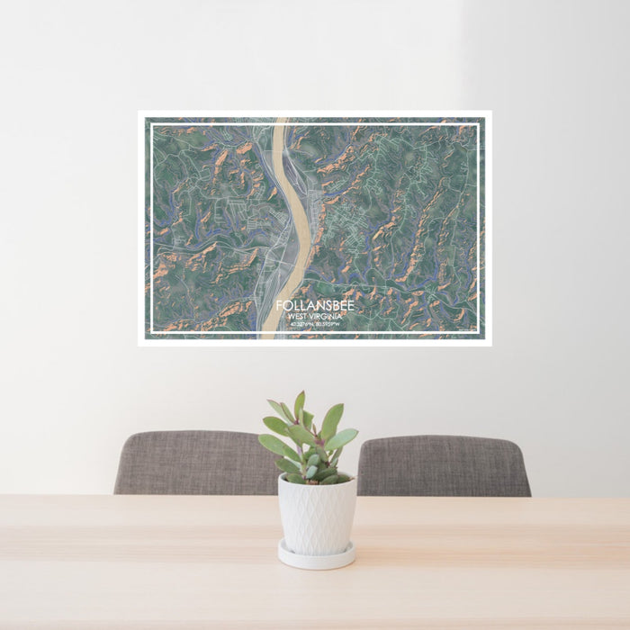 24x36 Follansbee West Virginia Map Print Lanscape Orientation in Afternoon Style Behind 2 Chairs Table and Potted Plant