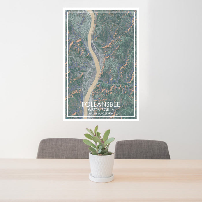 24x36 Follansbee West Virginia Map Print Portrait Orientation in Afternoon Style Behind 2 Chairs Table and Potted Plant