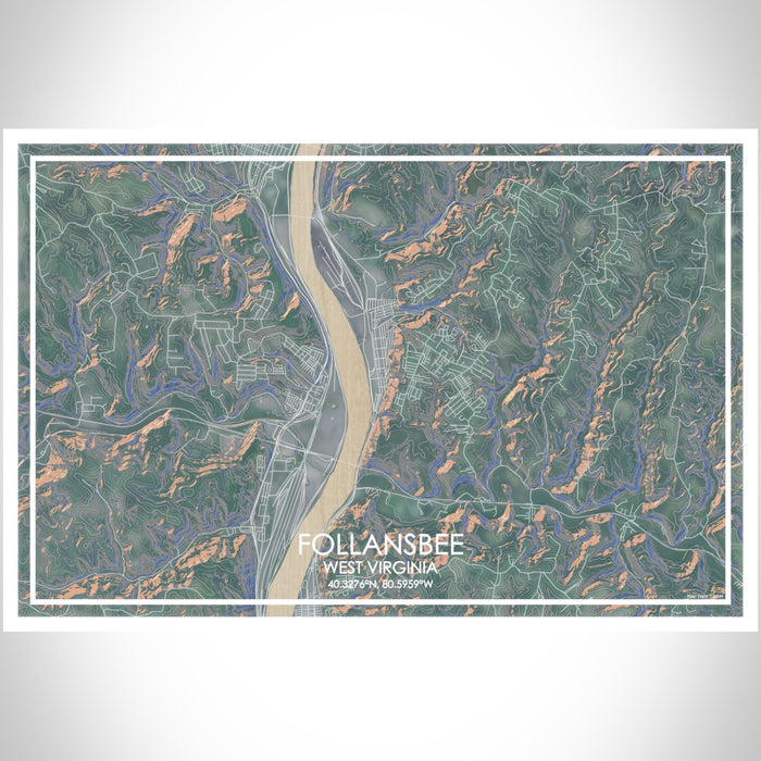 Follansbee West Virginia Map Print Landscape Orientation in Afternoon Style With Shaded Background