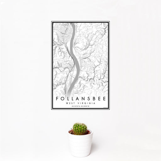 12x18 Follansbee West Virginia Map Print Portrait Orientation in Classic Style With Small Cactus Plant in White Planter