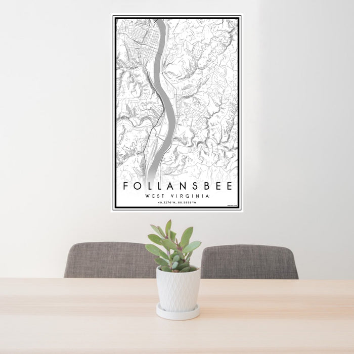 24x36 Follansbee West Virginia Map Print Portrait Orientation in Classic Style Behind 2 Chairs Table and Potted Plant