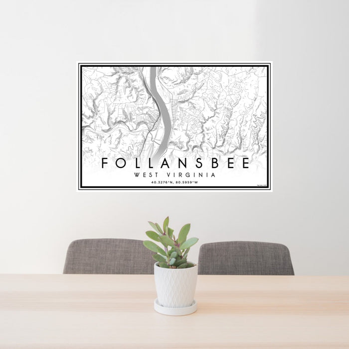24x36 Follansbee West Virginia Map Print Landscape Orientation in Classic Style Behind 2 Chairs Table and Potted Plant