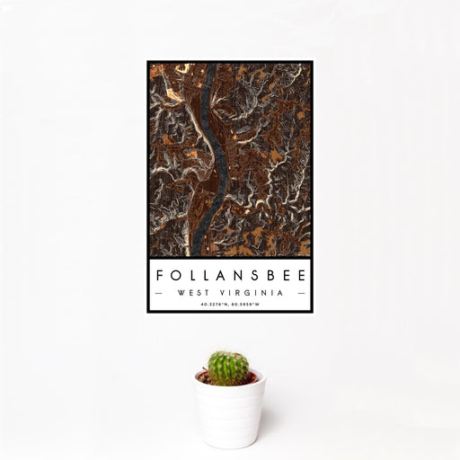 12x18 Follansbee West Virginia Map Print Portrait Orientation in Ember Style With Small Cactus Plant in White Planter