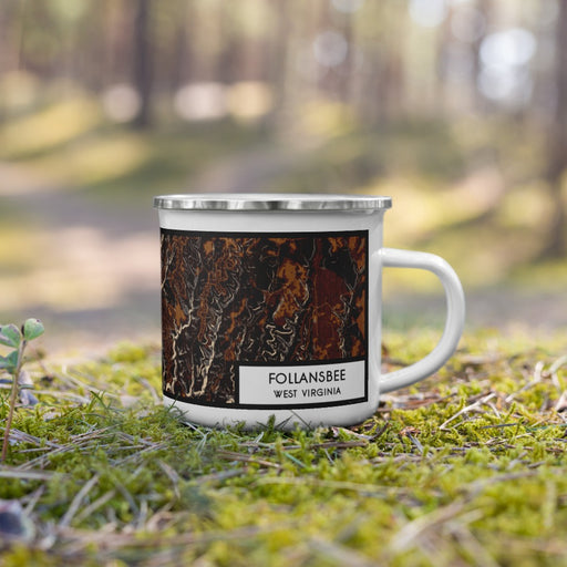 Right View Custom Follansbee West Virginia Map Enamel Mug in Ember on Grass With Trees in Background