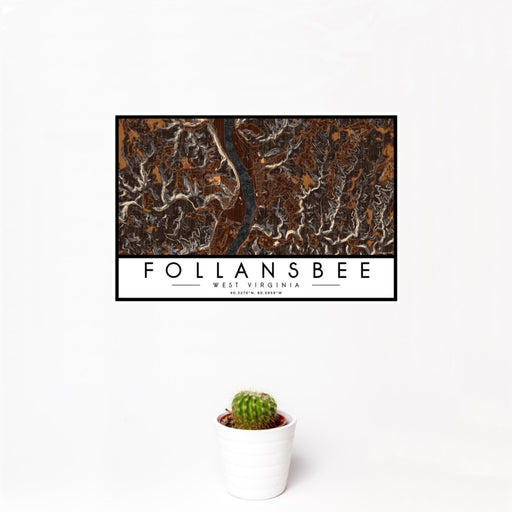 12x18 Follansbee West Virginia Map Print Landscape Orientation in Ember Style With Small Cactus Plant in White Planter