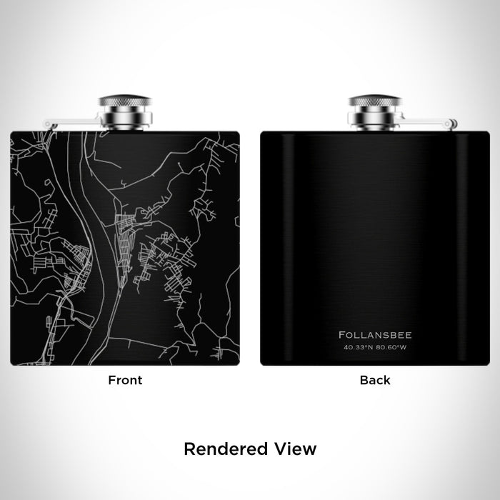 Rendered View of Follansbee West Virginia Map Engraving on 6oz Stainless Steel Flask in Black
