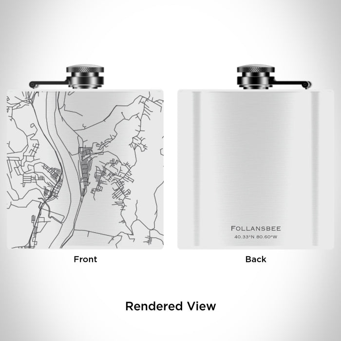 Rendered View of Follansbee West Virginia Map Engraving on 6oz Stainless Steel Flask in White