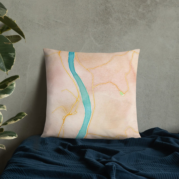 Custom Follansbee West Virginia Map Throw Pillow in Watercolor on Bedding Against Wall