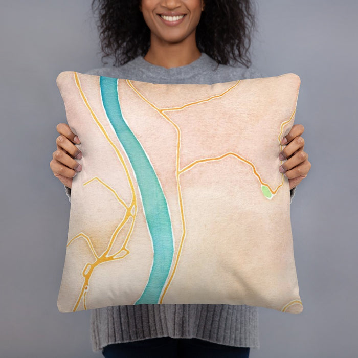 Person holding 18x18 Custom Follansbee West Virginia Map Throw Pillow in Watercolor