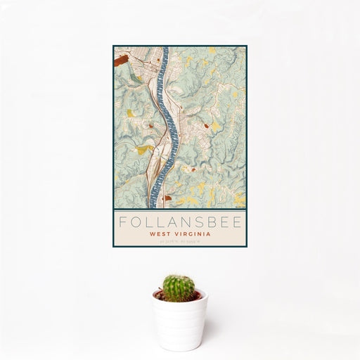 12x18 Follansbee West Virginia Map Print Portrait Orientation in Woodblock Style With Small Cactus Plant in White Planter