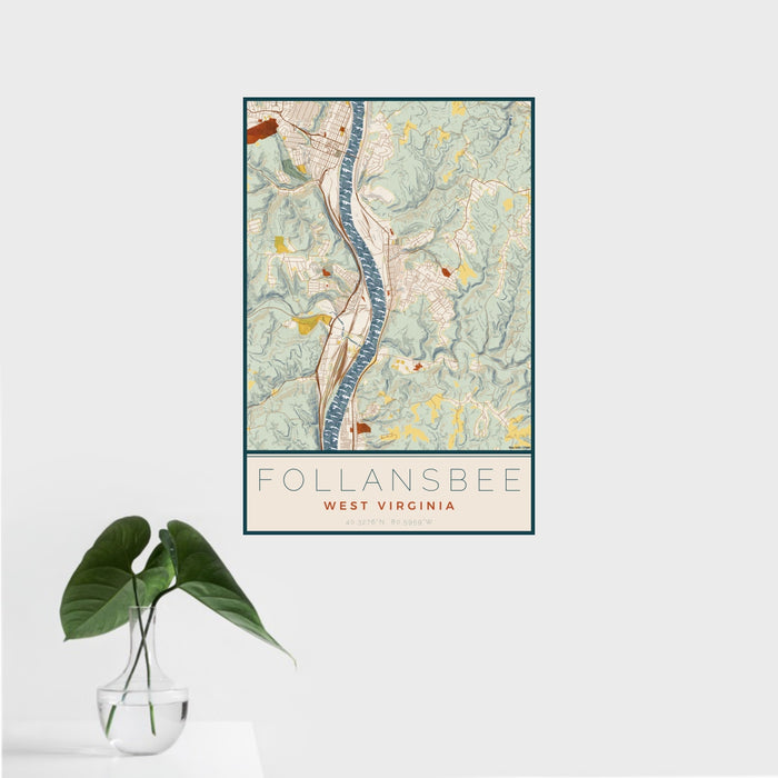 16x24 Follansbee West Virginia Map Print Portrait Orientation in Woodblock Style With Tropical Plant Leaves in Water