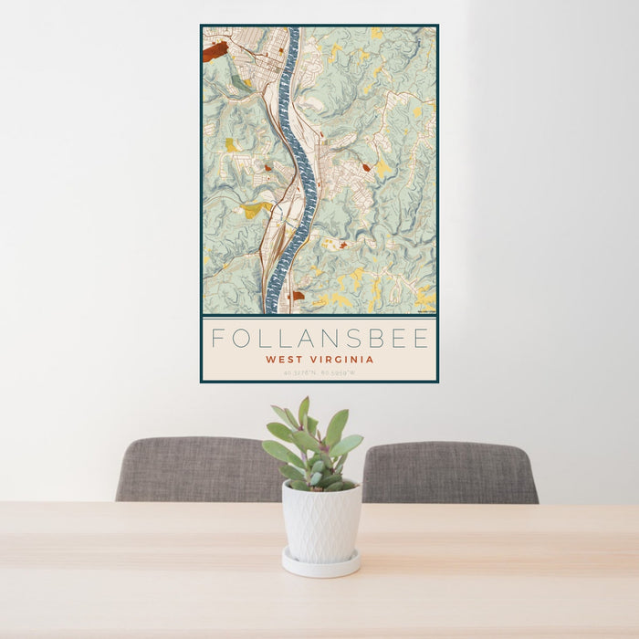24x36 Follansbee West Virginia Map Print Portrait Orientation in Woodblock Style Behind 2 Chairs Table and Potted Plant