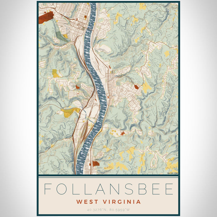 Follansbee West Virginia Map Print Portrait Orientation in Woodblock Style With Shaded Background